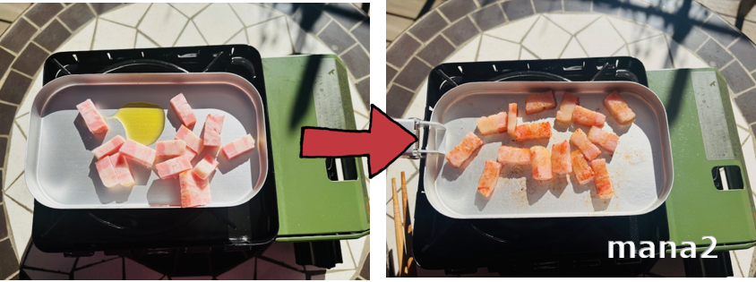 ベーコンをフタで炒める